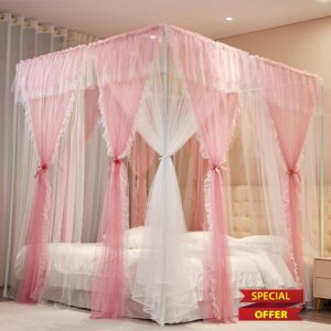 AIOOO 4 Corners Post Princess Curtains Bed Canopy for Girls 8 Panels Curtain- Double Layer Sheer Mesh Canopies Drapes Girls Room Decor (8P-Pink/White