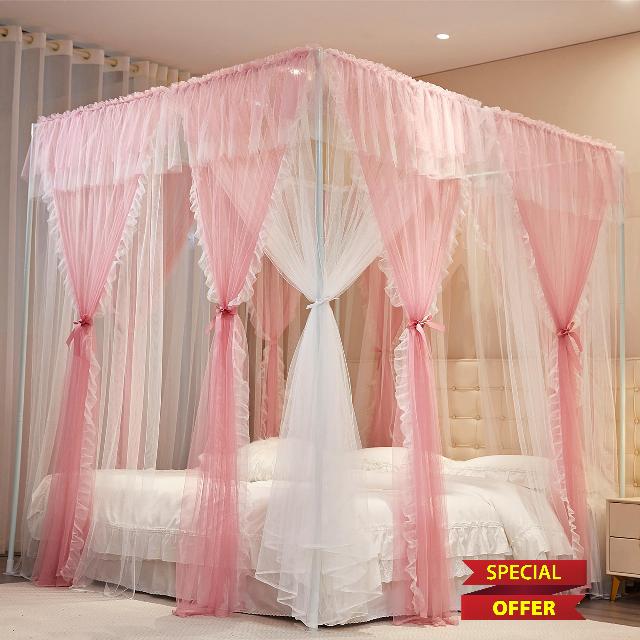 AIOOO 4 Corners Post Princess Curtains Bed Canopy for Girls 8 Panels Curtain- Double Layer Sheer Mesh Canopies Drapes Girls Room Decor (8P-Pink/White