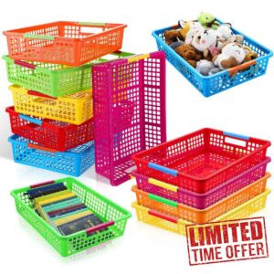Uiifan 12 Pcs 13.39 x 9.06 x 3.15 in Colorful Plastic Storage Basket with Handles Paper Organizer Classroom Storage Baskets Rainbow Colored Classroom Storage Bins Plastic Mesh Basket for Teacher Kids