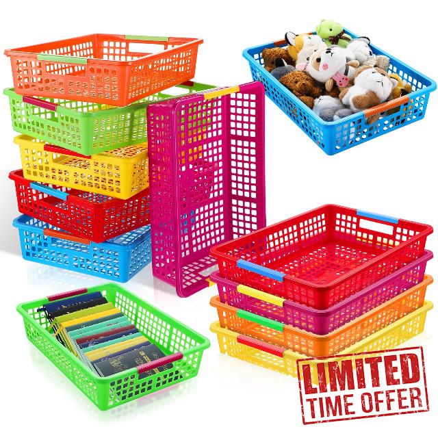 Uiifan 12 Pcs 13.39 x 9.06 x 3.15 in Colorful Plastic Storage Basket with Handles Paper Organizer Classroom Storage Baskets Rainbow Colored Classroom Storage Bins Plastic Mesh Basket for Teacher Kids