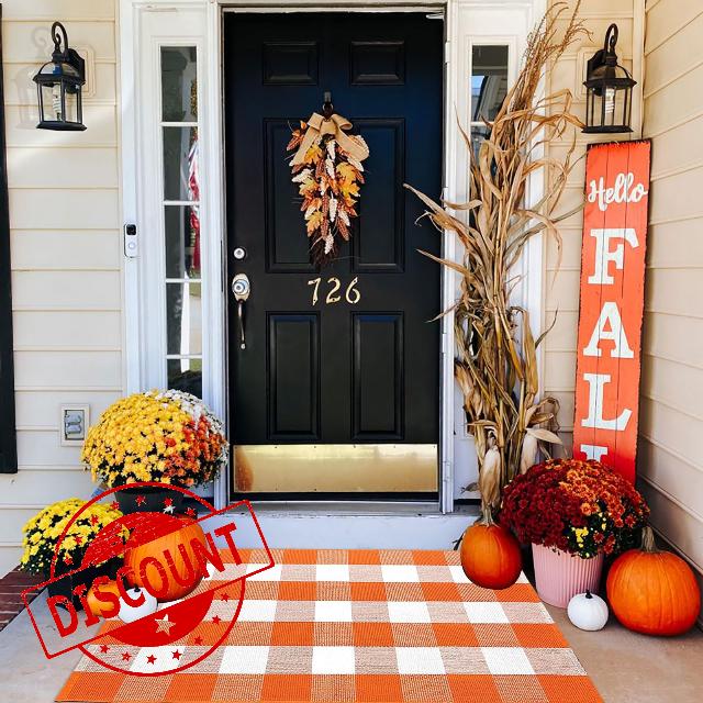 Fall Outdoor Rug Orange Buffalo Plaid Outdoor Rug Cotton Hand-Woven Buffalo Check Rug Layered Doormats for Front Door/Front Porch/Farmhouse/Entryway/Patio (Orange and White Plaid