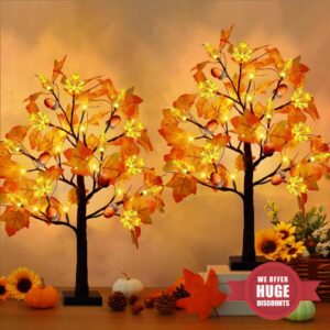 2Packs 24 Inch Lighted Fall Maple Tree Decor with 24 Lights 6 Acorn Pinecone Maple lampshade