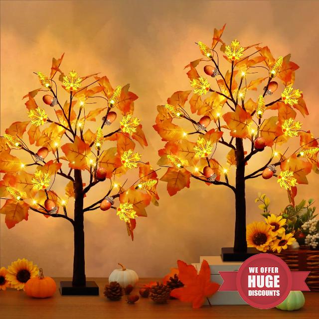 2Packs 24 Inch Lighted Fall Maple Tree Decor with 24 Lights 6 Acorn Pinecone Maple lampshade