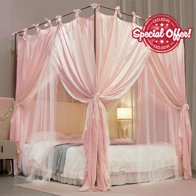 AIOOO 4 Corners Post Princess Curtain Bed Canopy Double Layer Cozy Mosquito Net Mesh and Cloth for Girls Adults Bedroom Decoration (Double-Beigepink/White
