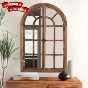 Natsukage 36"x24"Arched Mirror Wall Window Mirror Farmhouse Decorative Mirror for Wall Wood Windowpane Mirror Wall Decor for Living Room