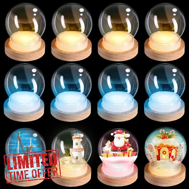 Irenare 24 Pcs Christmas 3.9 Inch DIY Clear Plastic Water Globe Set 12 Pcs Snow Globe with 12 Pcs Light up Wooden Base DIY Snow Globe Gift Clear Plastic Plant Decoration Keepsake Ornament Display Box