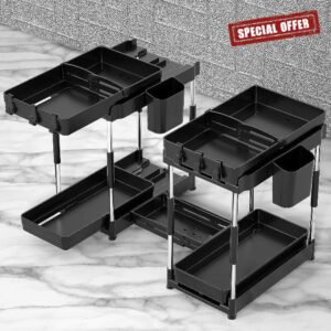 Double Sliding Under Sink Organizers and Storage - Adjustable 2 Tier Pull Out Under Cabinet Organizer Counter