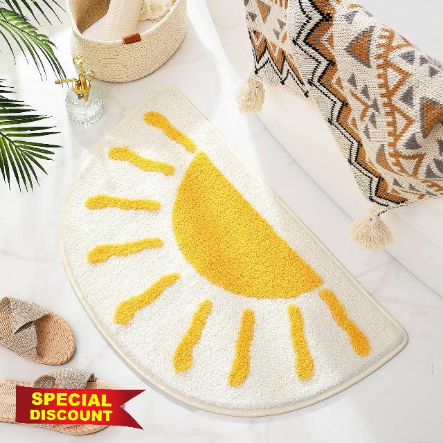 Bathroom Rugs Mat Half Circle - Cute Sun Fun White Yellow Boho Bath Mats Non Slip