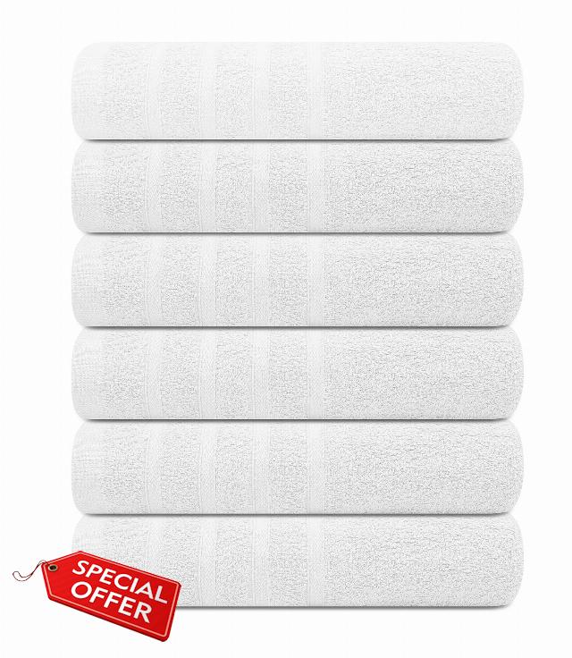 Textila White Bath Towels Pack of 6-24x48 inch Cotton Terry Towels for Bathroom Highly Absorbent