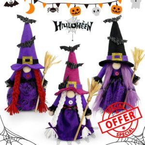 Lovinland 3pcs Hocus Pocus Witches Gnomes with Broom for Hocus Pocus Halloween Decorations Halloween Witches Swedish Scandinavian Tomte Elf Gnomes for Halloween Hocus Pocus Home Table Decor