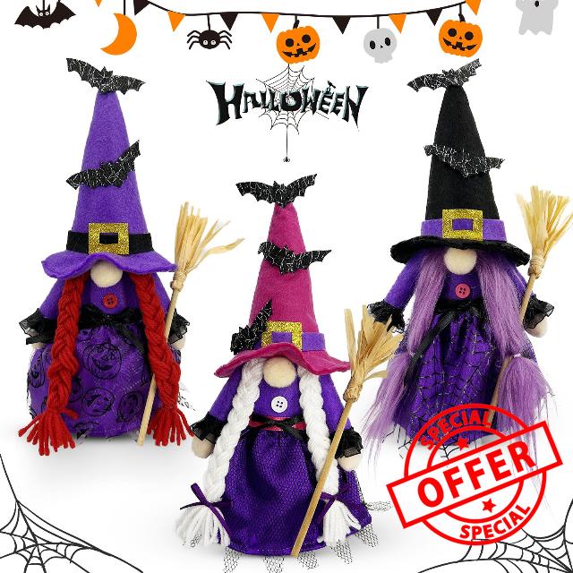 Lovinland 3pcs Hocus Pocus Witches Gnomes with Broom for Hocus Pocus Halloween Decorations Halloween Witches Swedish Scandinavian Tomte Elf Gnomes for Halloween Hocus Pocus Home Table Decor