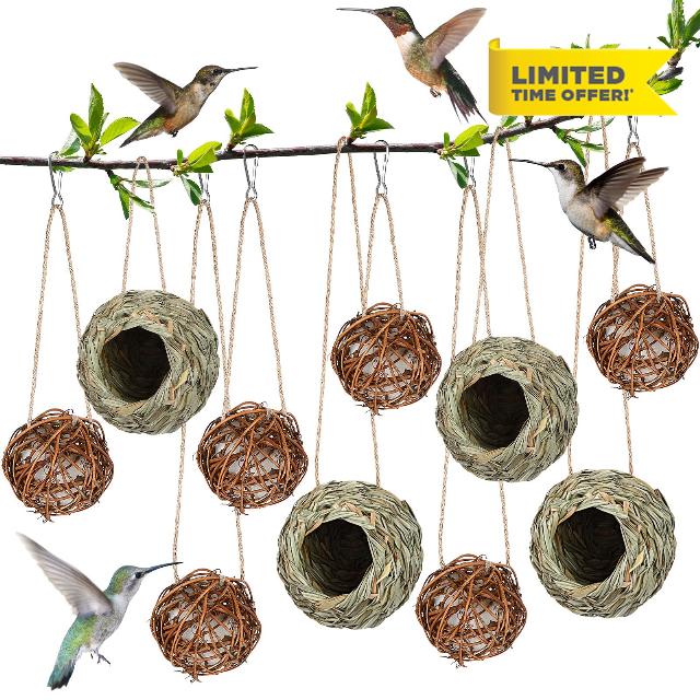 Wesiti 10 Pcs Hummingbird Hand Woven House for Outside Bird Nest Round Hummingbird Nesting House Hanging Bird Hut Hummingbird Nesters for Garden Patio Lawn Indoor Home Decoration