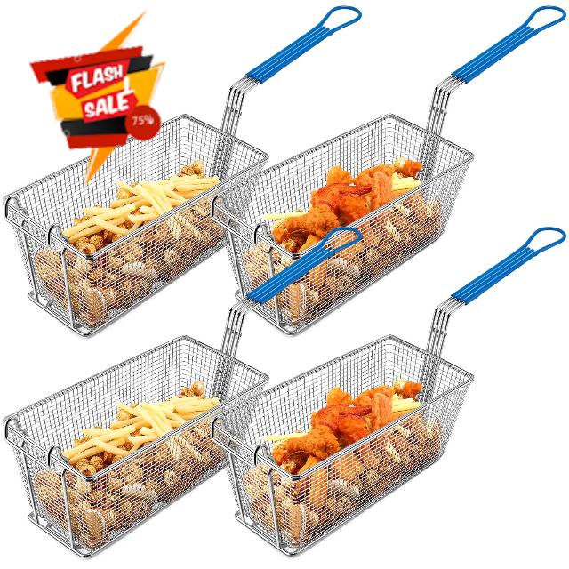 Umigy 4 Pcs Deep Fryer Basket 13 1/4" x 6 1/2" x 6" with Non-slip Handle Heavy Duty Plated Iron Construction Front Hooks Non-slip Handle for Restaurant Kitchen Chip Fish Commercial Fryer Basket