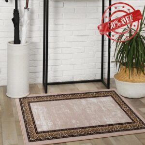 Antep Rugs Alfombras Bordered Modern 2x4 Non-Slip (Non-Skid) Low Pile Rubber Backing Kitchen Area Rug (Beige