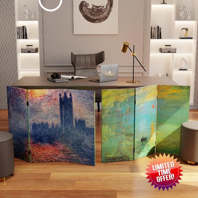 Red Lantern 3 ft. Short Double Sided Works of Monet Canvas Folding Screen Impression Sunrise/Houses of Parliament 3 Panel Freestanding Partition and Separator for Modern and Contemporary Home Office