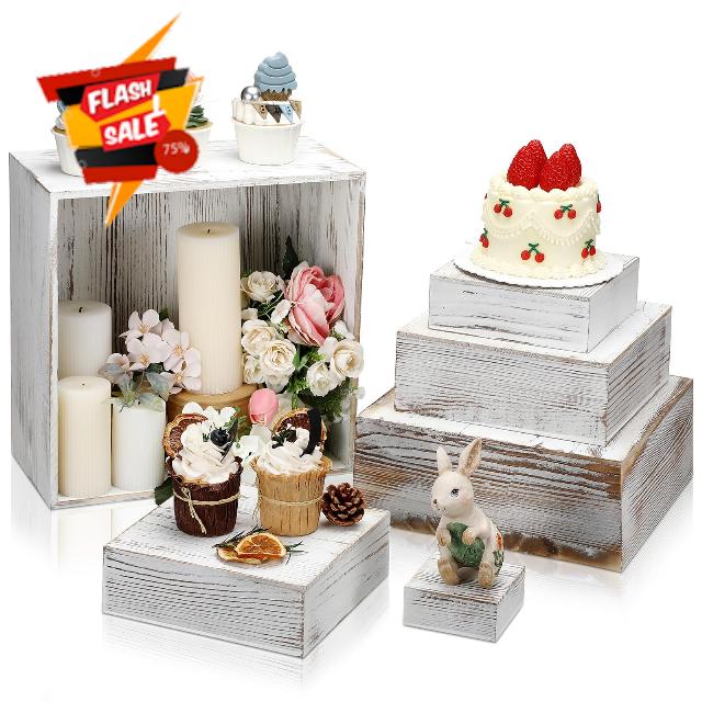 Roowest 6 Pcs Square Cake Stand Torched Style Wood Stackable Display Box Riser Stands Wedding Cake Stands Rustic Food Risers for Buffet Table Wooden Pedestal Stand for Cupcake Dessert Party