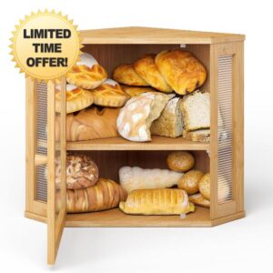 BMOSU Corner Bread Box for Kitchen Bread Storage And Organizer Farmhouse Countertop Bread Container Frosted Glass Breadbox Double Layer Bamboo Wooden Extra Large Capacity Bin Kitchen Food Storage (S)