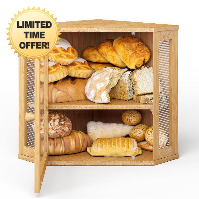 BMOSU Corner Bread Box for Kitchen Bread Storage And Organizer Farmhouse Countertop Bread Container Frosted Glass Breadbox Double Layer Bamboo Wooden Extra Large Capacity Bin Kitchen Food Storage (S)