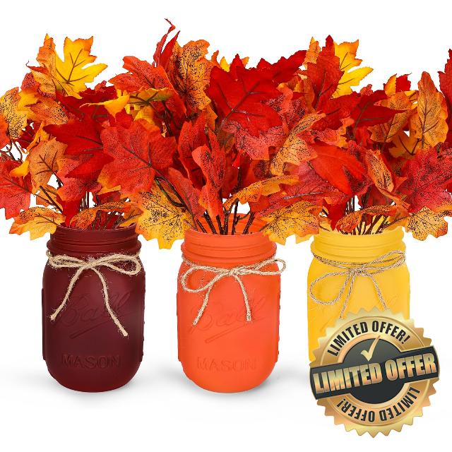 Whaline 3 Set Fall Mason Jar Centerpieces with Artificial Maple Leaves Autumn Maple Leaf Bunches Mason Jar Table Signs Colorful Mason Jar Dining Table Ornaments for Fall Farmhouse Home Kitchen Decor