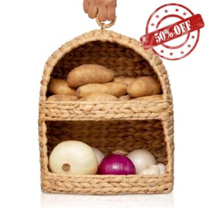 Eralen Kitchen Basket -Beautiful Hyacinth Fruit and Vegetable Storage -Rigid Metal Frame with Divided Compartments - Fits All Kitchens - Housewarming Gift -Decorative Organizer for Kitchen Counter