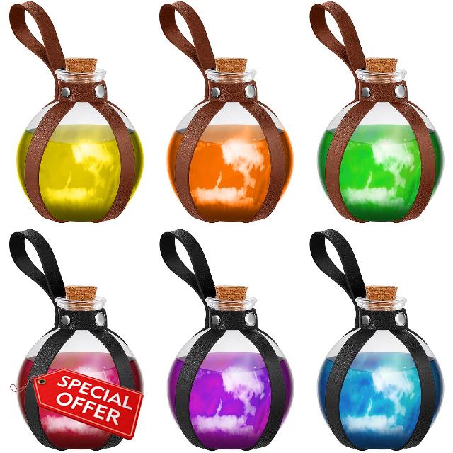 Patelai 6 Pcs Cork Potion Bottle Cosplay Accessories With Faux Leather Belt Decorative Potion Bottles Witch Props Witch Costume for Adult Man Round Spherical Potion Bottle for Party DIY Crafts
