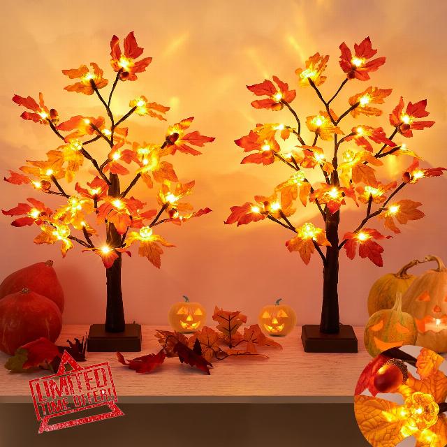 Beterzack 2 Pack Fall Maple Tree with 48 LEDs Battery Operated Artificial Pumpkins Maple 12 Acorn Tree