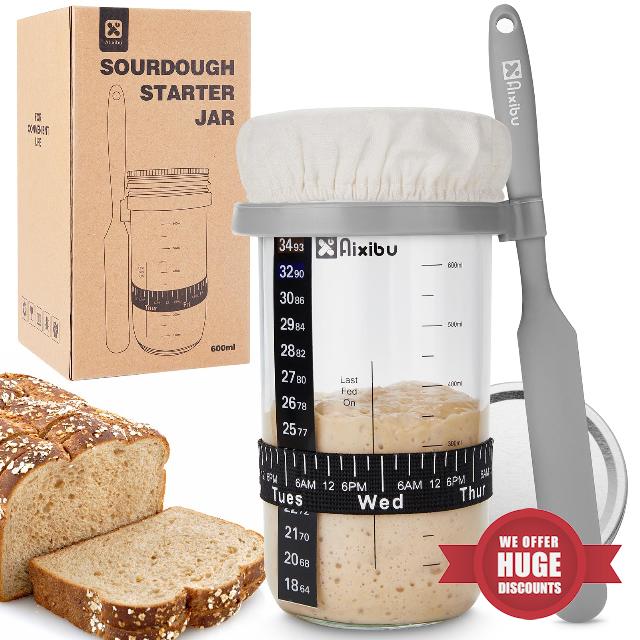 Aixibu 650ml Sourdough Starter Jar Kit - Sourdough Jar with Marked Feeding Band