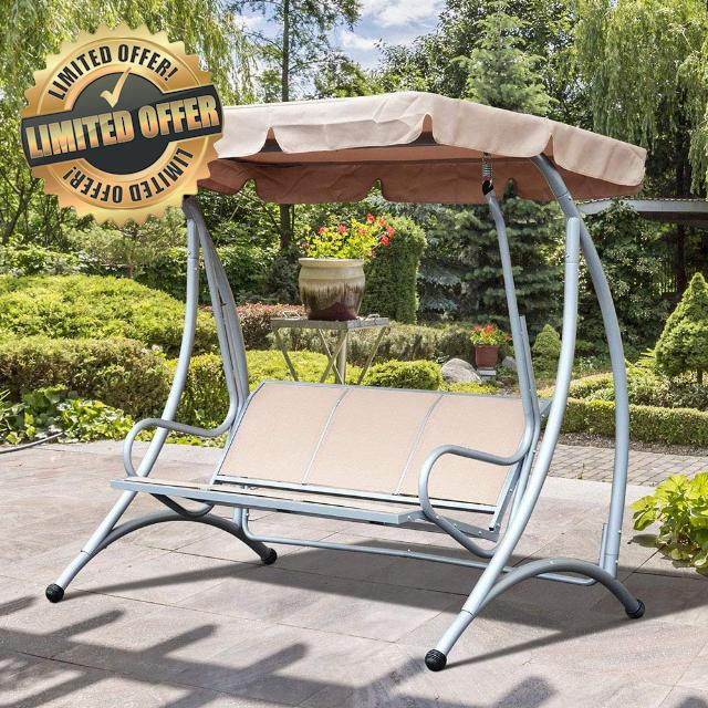 Patio Swing Canopy Replacement 3 Seat Swing Canopy Replacement Waterproof Swing Seat Top Cover Outdoor Rainproof Durable Anti Dust Protector Black (Beige)
