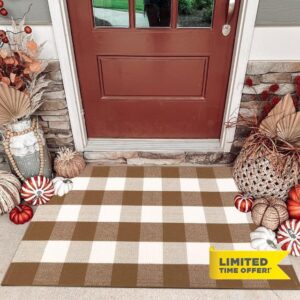 Buffalo Plaid Outdoor Rug Doormat Farmhouse Checkered Front Porch Rug Machine Washable Woven Cotton Layered Door Mats for Indoor Entryway KitchenBedroom (Coffee and White