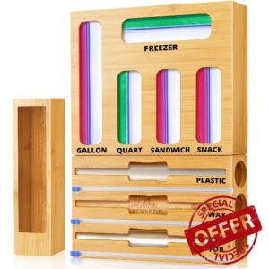 Ziplock Bag Organizer with Foil and Saran Wrap Dispenser With Cutter For Kitchen Drawer - 9 in 1 Bamboo Food Storage Organizer Perfect For Plastic Ziploc Gallon