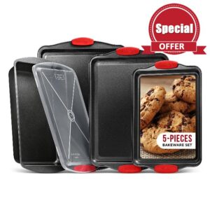 Nonstick Cookie Sheet Pans Set of 5 - Professional Quality Carbon Steel Baking Sheet Trays with Gray Coating Inside & Outside &ndash; Small