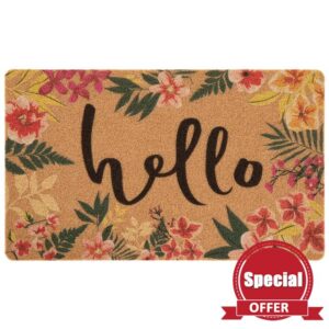 Asrug 17"x30" Door Mat Outdoor Indoor Welcome Mats Durable Artificial Coir Doormat for Entryway Low Profile Shoes Scraper Easy Clean Non-Slip Azalea Hello Door Mats for Garden Entrance
