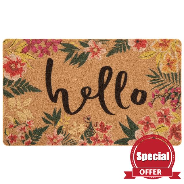 Asrug 17"x30" Door Mat Outdoor Indoor Welcome Mats Durable Artificial Coir Doormat for Entryway Low Profile Shoes Scraper Easy Clean Non-Slip Azalea Hello Door Mats for Garden Entrance