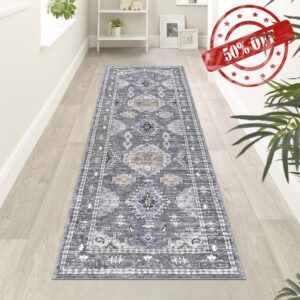Ileading Grey Hallway Runner Rug 2&rsquo; x6&rsquo; Boho Bathroom Runner Rug Vintage Kitchen Runner Rug with Rubber Backing Washable Indoor Floor Carpet Runner for Kitchen Floor Hallways Bathroom