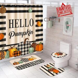 Preboun 4 Pcs Thanksgiving Fall Shower Curtain Set 72 x 72 in Autumn Farmhouse Bathroom Curtain with 12 Hooks Waterproof Non Slip Rug Toilet Lid Cover and Bath Mat Thanksgiving Home Decor for Kitchen