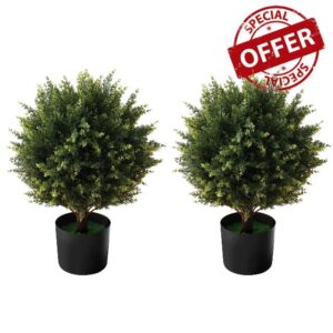 AUMMOOH Boxwood Artificial Cedar Topiary Ball Trees &ndash; Decorative Fake Greenery in Planter Pots for Front Porch