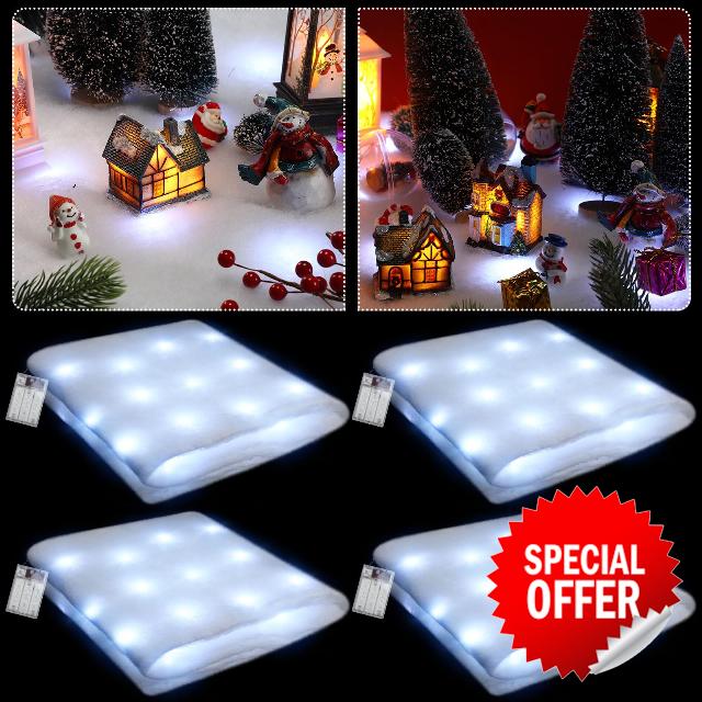 Kittmip 4 Pcs Christmas Snow Blanket with LED Lights Holiday Lighted Table Runner Christmas Village Accessories Illuminated Fake Snow Decoration for Village Display