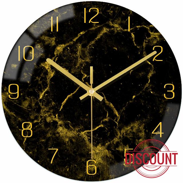 VIKMARI Black Modern Marble Texture Clock Gold Hands Rustic Kitchen Decor 12 Inch Wall Clocks Battery Operated Non-Ticking Large Round Quartz Golden Lines Decorative for Office Bedroom