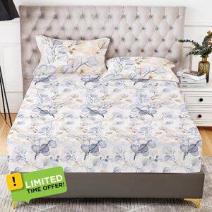YIYEA Twin Fitted Sheet with Pillowcase - Plant Print - Premium 1800 Thread Count Brushed Microfiber Fitted Sheet Twin Size - 16" Deep Pocket