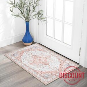 Lahome Boho Washable Entryway Rugs Indoor - 2x3 Pink Area Rug Small Rugs for Bedroom Non-Slip Throw Low-Pile Kitchen Rugs Bathroom Mat
