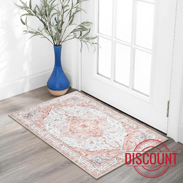 Lahome Boho Washable Entryway Rugs Indoor - 2x3 Pink Area Rug Small Rugs for Bedroom Non-Slip Throw Low-Pile Kitchen Rugs Bathroom Mat