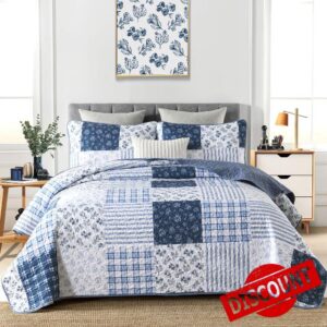 Drucon Patchwork Quilt Set Queen 3 Pieces Blue Floral Plaid Bedspread Coverlet Set
