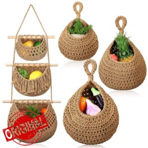 Windyun 4 Pcs Hanging Fruit Basket Teardrop Baskets Handmade Woven Cotton Rope 3 Tier over the Door Organizer Hanging Wall Basket Boho Basket Wall Decor Hanging Baskets for Storage Kitchen Bathroom