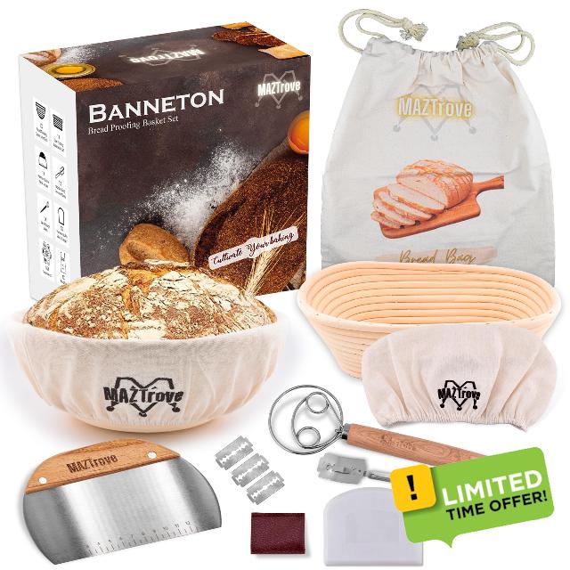Banneton Bread Proofing Basket Set of 2 - Proofing Baskets 10" Oval and 9" Round Rattan Sourdough Bread Baking Supplies with Bread Lame