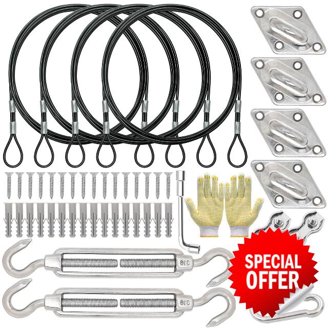 Upgrade 48 PCS T316 6 Inch Hardware Kit for Square & Rectangle Sun Shade Sail Canopy Awning Installation Installation Complete Set 48 Ft (12'x4) Extension Cable Wire Rope 316 Stainless Steel Anti Rust
