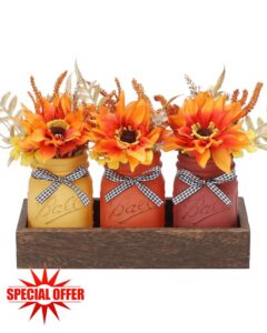 Fall Mason Jar Centerpiece for Table with Wood Tray & Artificial Flowers