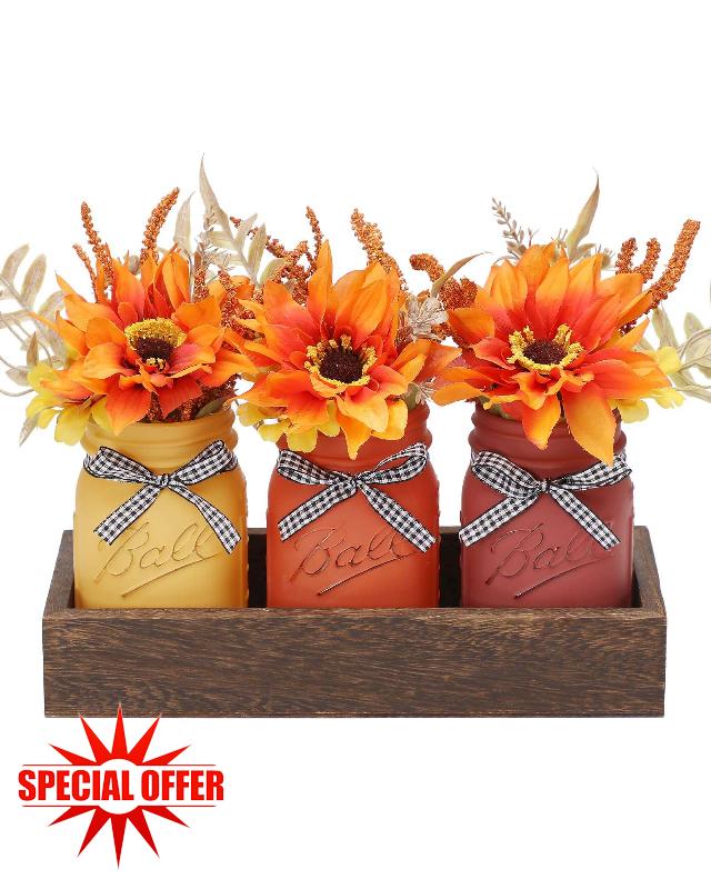Fall Mason Jar Centerpiece for Table with Wood Tray & Artificial Flowers