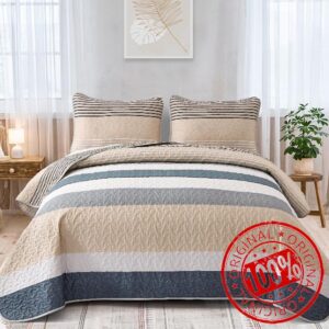 Dinjoy Grey Boho Quilt King Striped Patchwork Khaki Bedspread Lightweight Boho 3 Pieces Reversible Quilt Set Micofiber Farmhouse Quilt Set with 2 Pillowacses for All Seasons(King