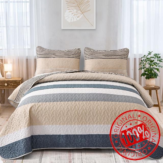 Dinjoy Grey Boho Quilt King Striped Patchwork Khaki Bedspread Lightweight Boho 3 Pieces Reversible Quilt Set Micofiber Farmhouse Quilt Set with 2 Pillowacses for All Seasons(King