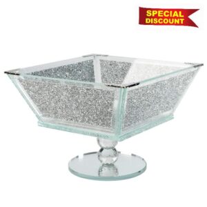 London Boutique Crystal Extra Large Fruit Bowl Centre Piece Storage Sparkle Crushed Diamond Filled Silver Metal Frame Square Shape 7.5 Inches Height